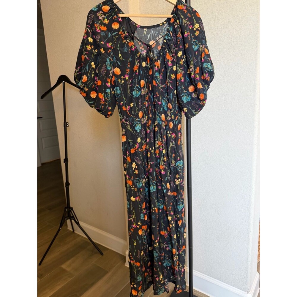 a new day Black Floral Maxi Dress with Orange & Teal Accents M